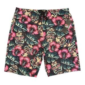 Good Vibes Tropical Floral Luau Tiki Mask Unlined Shorts with Pockets Size XL